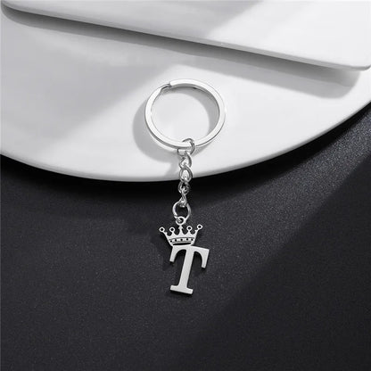 Fashion Crown A-Z Letters Pendant Keychains for Lovers Silver Color 26 Alphabet Keyring Women Car Key Ring Unique Name Jewelry
