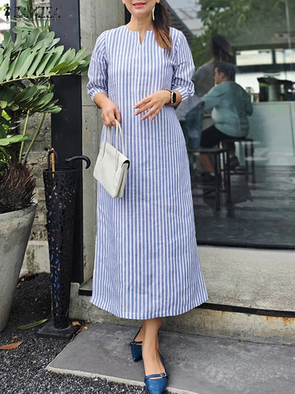 2025 Autumn Striped Dresses ZANZEA Fashion Women V Neck Long Sleeve Work Dress Elegant Office OL Sundress Maxi Long Vestido Robe