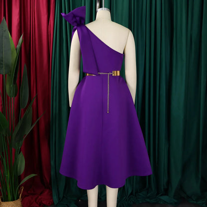 French One Shoulder A Line Pleated Birthday Party Dresses Women Bow Sleeveless Belt Large Skirt Elegant Women's Party Dress