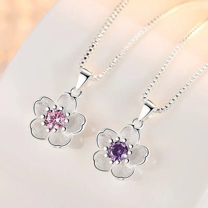 925 Sterling Silver Pink Purple Peach Blossom Necklaces For Women Retro Luxury Jewelry Accessories Freeshiping Items Jewellery