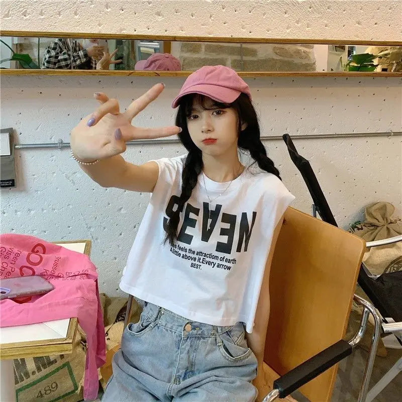 Women Clothing Summer Fashion Casual Letter Solid Color O-neck Female Simplicity Trend Appear Thin Sleeveless Tank Top Cardigan