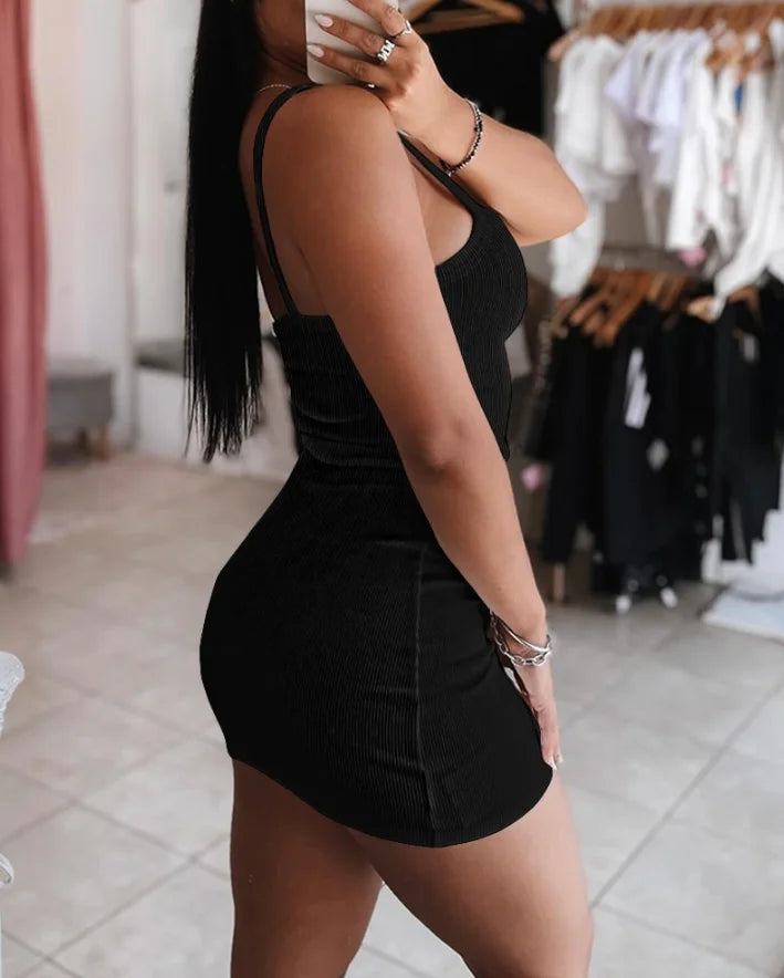 New Fashion 2025 Sexy Elegant Dresses for Women Plunge Bandeau Spaghetti Strap Bodycon Dress Casual Slim Fit Mini Knit Dress