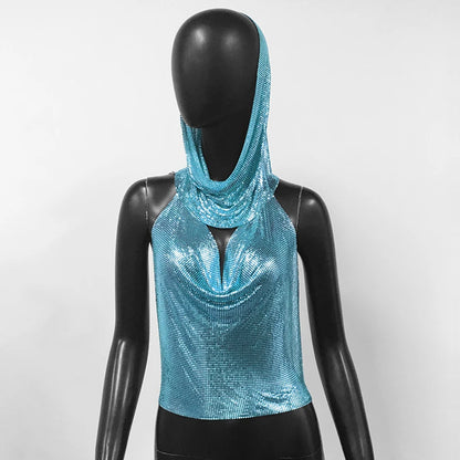 Women Metal Sequins Tank Top With Turban 2 Piece  Sexy V Neck Backless   Suspender Top Rave Festival Party Nightclub Camisole