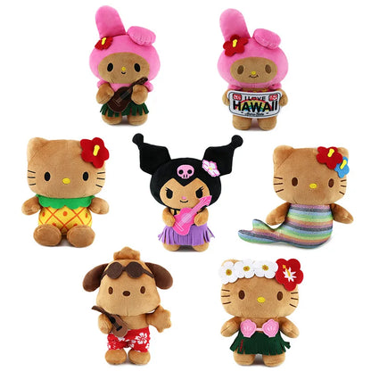 20cm Anime Sanrio Plush Doll Hello Kitty Kuromi My Melody Hawaii Limited Black Leather Kitty Plush Doll Christmas Gift