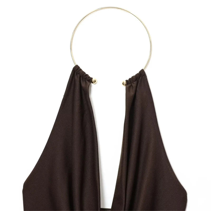 HXAO Halter Neck Bodysuits Sexy Summer Off Shoulder Bodysuit Women Brown Top Ruched Ring Backless Thong Bodysuit Woman One Piece