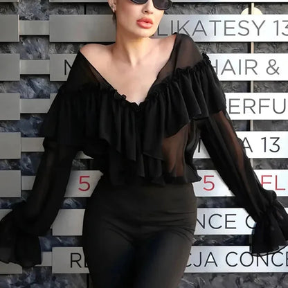 Talenza White Chiffon Shirt Women's Summer V-Neck Sexy See Through Shirt Beach Blouse Fashion Ruffle Patchwork Female Blouse Top