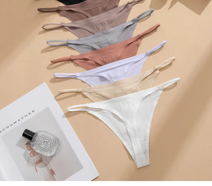 Women's Sexy Lightweight Ice Silk Seamless Knit Thong with Thin Straps - No Show Panty Underwear Lingerie Intimate Apparel