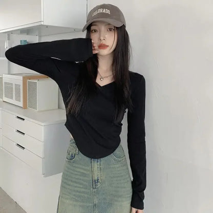 Black Clothing 2024 Top for Women Brown Woman T-shirt Sexy V Neck Tshirt Goth Old Aesthetic Causal 2000s Korea Stylish Kpop Tee