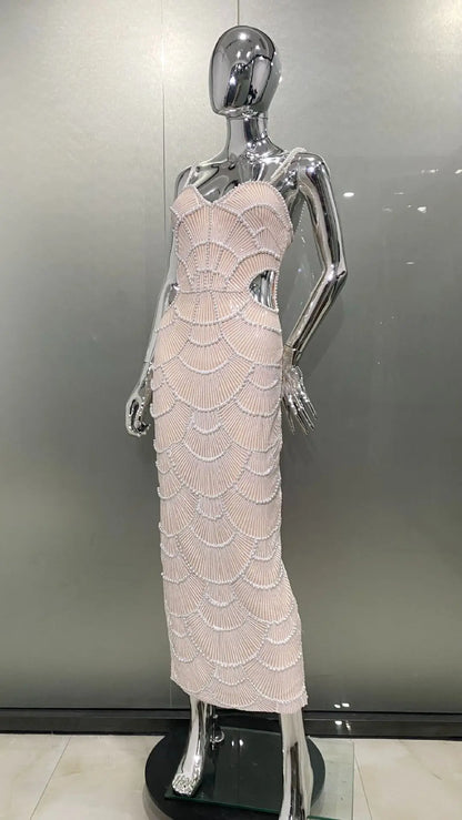 Deluxe Exquisite Sequin Beaded Sexy Hollow Suspender Dress Celebrity Birthday Party Dinner Dress Sweet Date Prom Dress