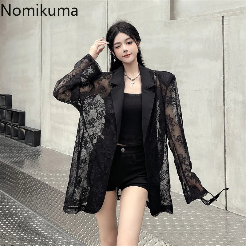Women Clothing Summer Thin Jackets 2025 Ropa Mujer Patchwork Lace Temperament Coat Sexy Y2k Tops See Through Oversized Outwear