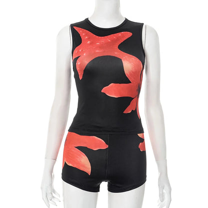 CUTENOVA Women'S Casual Street Starfish Flower Print Shorts Set Round Neck Sleeveless Crop Top + Low Waist Shorts Two-Piece Sets