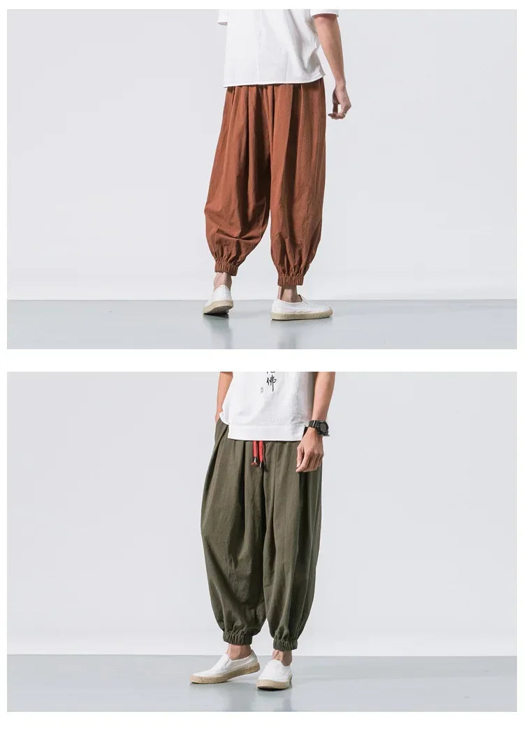 New Trendy Men Harem Pants Loose Oversized Style Cotton and Linen High Quality Jogger Sweatpants Casual Male Trousers