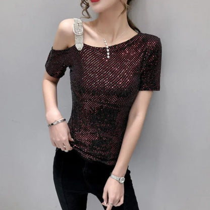 Sequin Off Shoulder Top Female Summer Outfit Clearance 2025 High Quality 90s Vintage Clothes Basic Women's Short Sleeve T-shirt