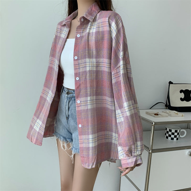 Women Tartan Shirt Long Sleeve Collared Button Up Oversized Plaid Shirt Jacket Grunge Fashion Teenage Girl Spring Summer Outfit
