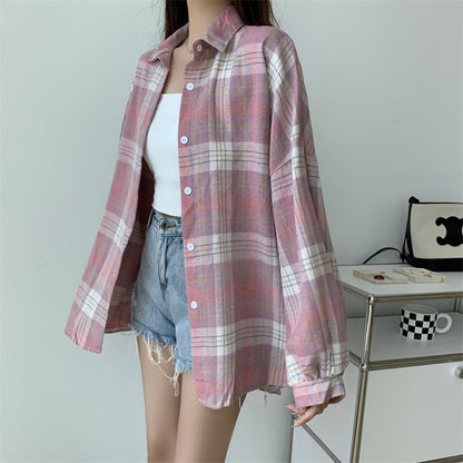Women Tartan Shirt Long Sleeve Collared Button Up Oversized Plaid Shirt Jacket Grunge Fashion Teenage Girl Spring Summer Outfit