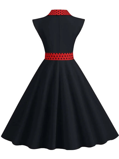 Notched Collar Vintage Solid Party Dresses Women Summer Sleeveless Belted Midi Swing Sundress