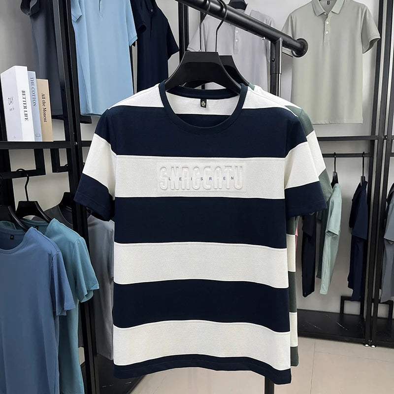 Top Grade Yarn Dyed Striped New Summer Tops Designer Round Neck Tshirt Men 2025 Brand Short Sleeve Casual Fashion Men Clothing
