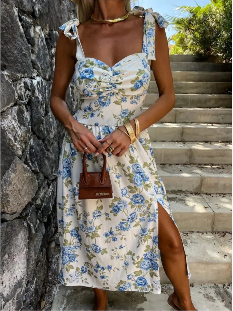 Summer Sexy Strap Midi Party Dresses Women 2024 Fashion Sleeveless Backless Print Slim White Dress Vacation Sundress Elegant
