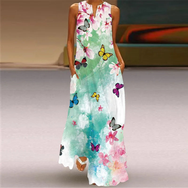 Summer Sexy Maxi Dresses Women Sleeveless V-Neck Robe Party 2025 Retro Loose Beach Vestidos Y2k  S-5XL