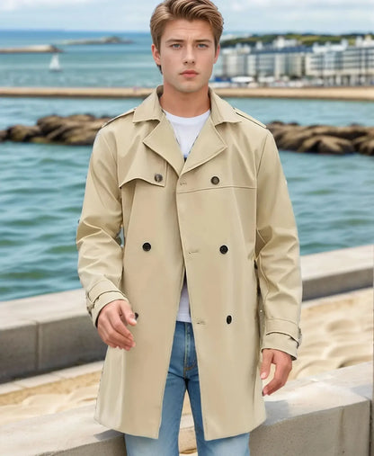 European and American Men's Lapel Slim Fit Double-Breasted Casual Coat Spring and Autumn Solid Color Long Sleeve Windbreaker