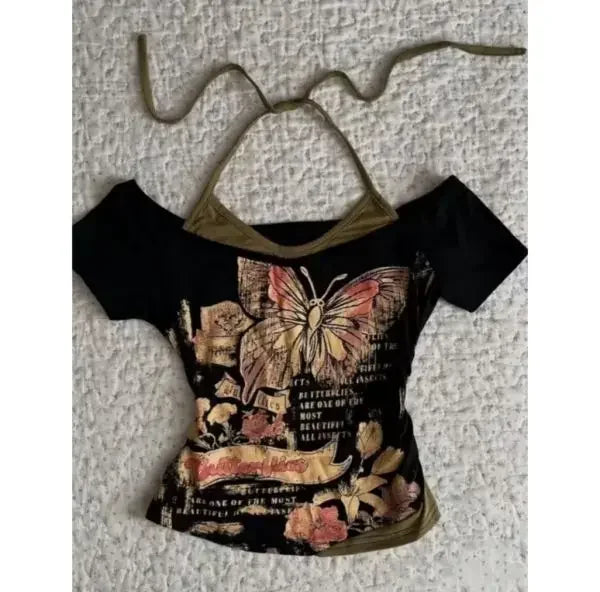 Vintage Clothes Women Print Sexy Punk Streetwear Slim Femme Tees Shirt Gothic Casual Grunge T Shirts 2000s Emo Y2k Crop Top