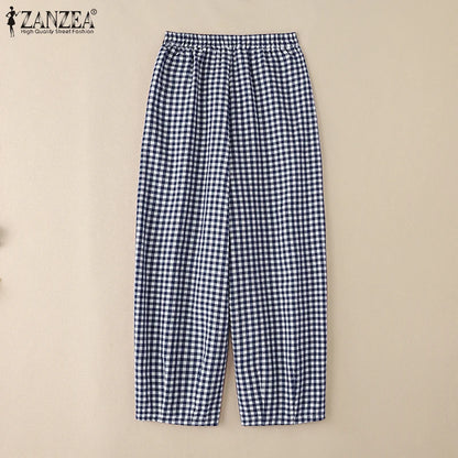 ZANZEA 2025 チェック柄パンツ レディース ファッション ランタンパンツ カジュアル ルーズ ロングパンツ 夏 ポケット 伸縮性ウエスト ボトムス オーバーサイズ