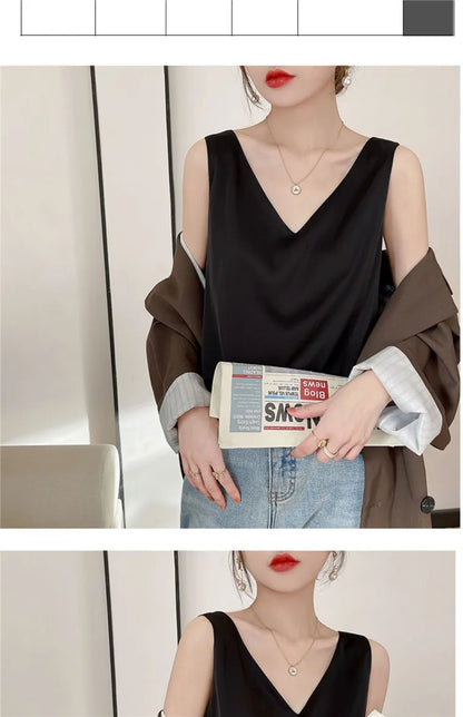 Acetate satin Camisole Women's V-neck Silk Satin vest Top elegant wild Avocado Green white black tank Women Crop Tops