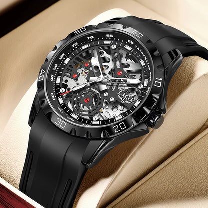 LIGE Fashion Business Mechanical Man Watch Casual Sport Waterproof Silicone Skeleton Tourbillon Luminous Clock Automatic Watches