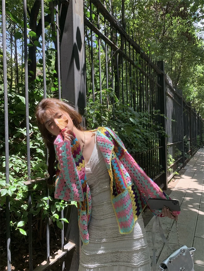 SALIENCY Colorful Crochet Knit Hollow Cardigan Sweater Jacket Women Spring Top Loose Short Knitwear
