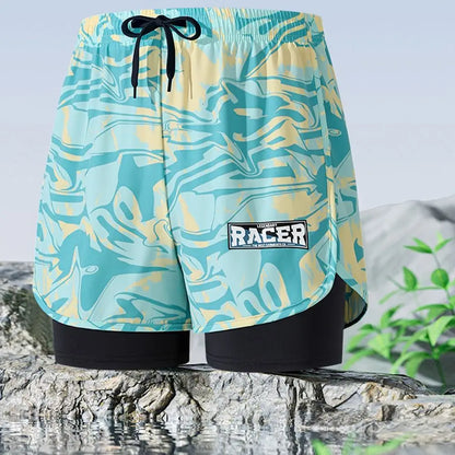 L-5XL Men's Swimming Trunks Swimsuit Printing Beach Pants Quick Drying Breathable Adult Double Layered Swimming Trunks Sports