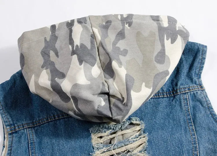 New  Men's Korean Style Vest Fashion Slim Camouflage Hooded Waistcoat Casual Sport Denim Vest Sleeveless Jackets for Men 5XL