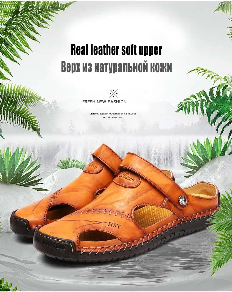 Sandals Man Summer 2023 Leather Slides Breathable Rome Male Outdoor Beach Platform Slippers Soft Hot Sale Men Flat Sandals