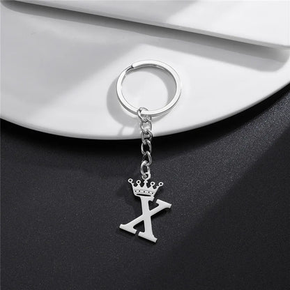 Fashion Crown A-Z Letters Pendant Keychains for Lovers Silver Color 26 Alphabet Keyring Women Car Key Ring Unique Name Jewelry