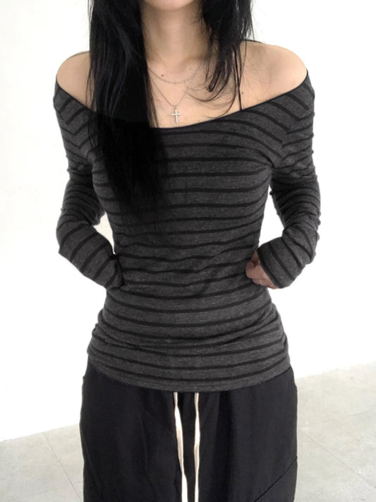 Sweetown Japanese Basic Slim Long Sleeve Stripe Tee Off Shoulder O Neck Korean Street Style Spring Autumn Y2K Gray T Shirt Women