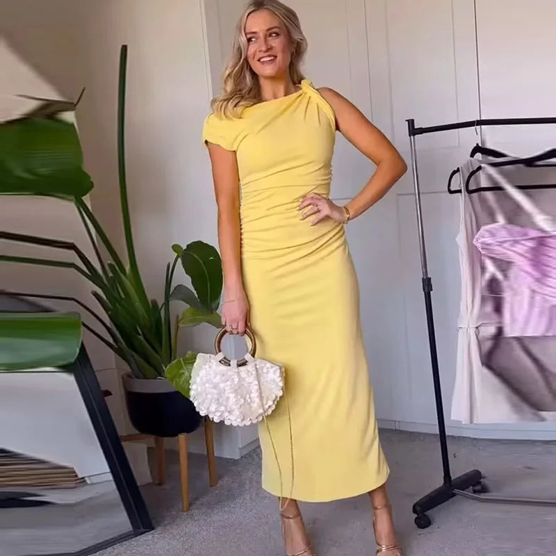 TRAF Asymmetrical Long Dresses 2025 Woman Sleeveless Yellow Midi Dress Ruched Bodycon Party Dresses Women Slit Elegant Dress 088