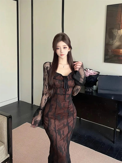 Ezgaga Party Dresses Women Vintage Sexy Lace Patchwork Flare Long Sleeve Bandage Backless Slim Elegant Mermaid Dress Female