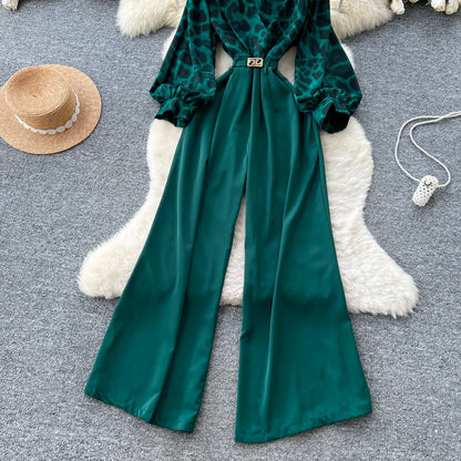 SINGREINY Autumn Leopard Long Jumpsuits V Neck Long Sleeves Belt Wide Legs Pants Women American Retro Senior Office Lady Rompers