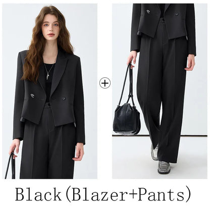 Solid Suits for Women 2025 Spring Fashion Office Ladies Long Sleeve Double Breasted Short Tops Chic Cargo Pant Suits